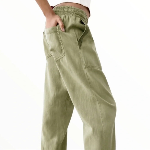 Zara Cargo Linen Jogger Cropped Pants with pockets in Olive Army Green XS - Picture 3 of 12